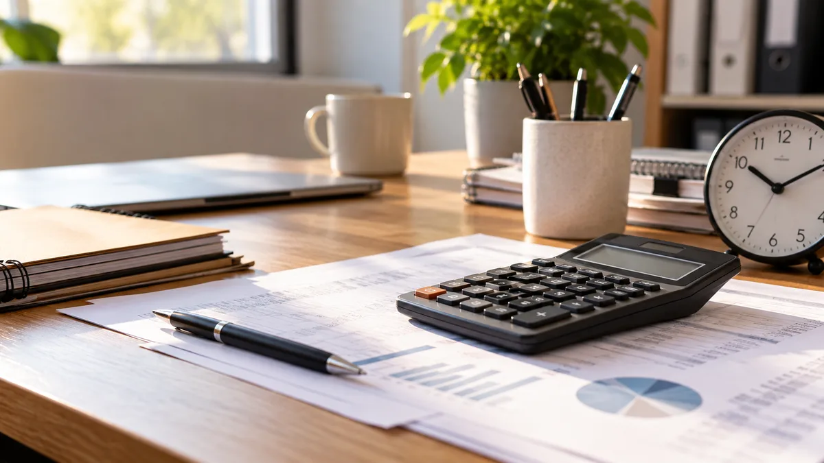 calculadora, reloj y documentos sobre una mesa de trabajo (horizontal)