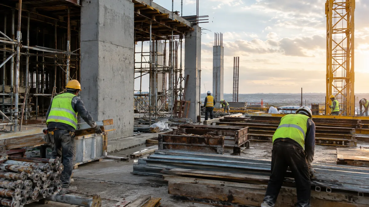 trabajadores de la construcción en una obra con casco y chaleco (horizontal, ambiente real)