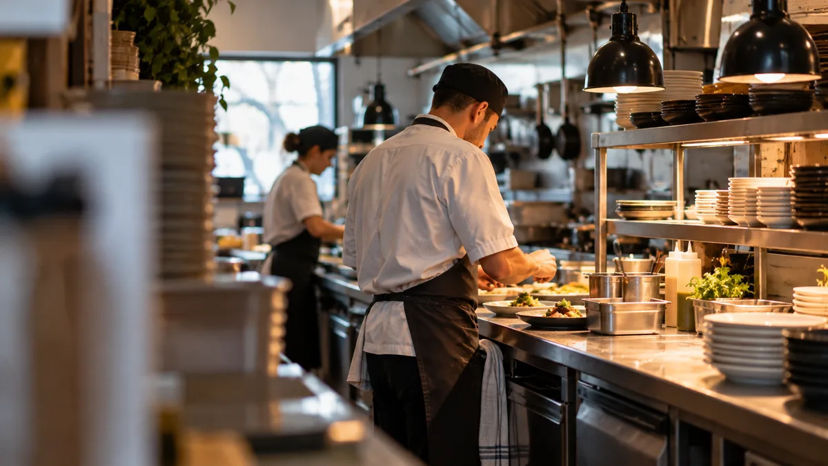 cocina o barra de restaurante con personal trabajando (horizontal, ambiente real)
