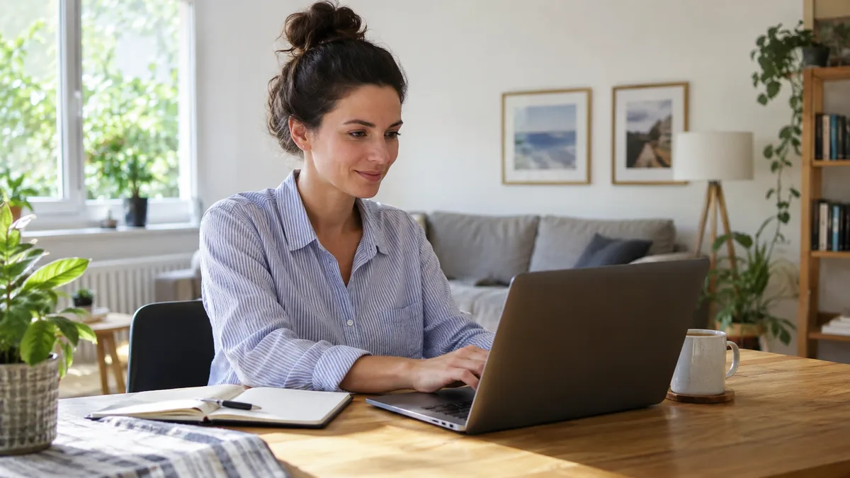 persona teletrabajando desde casa con portátil y café (horizontal, luminosa)