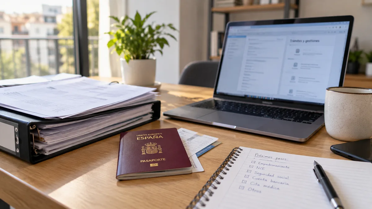 Persona trabajando con un portátil en una mesa, con documentos y un pasaporte al lado