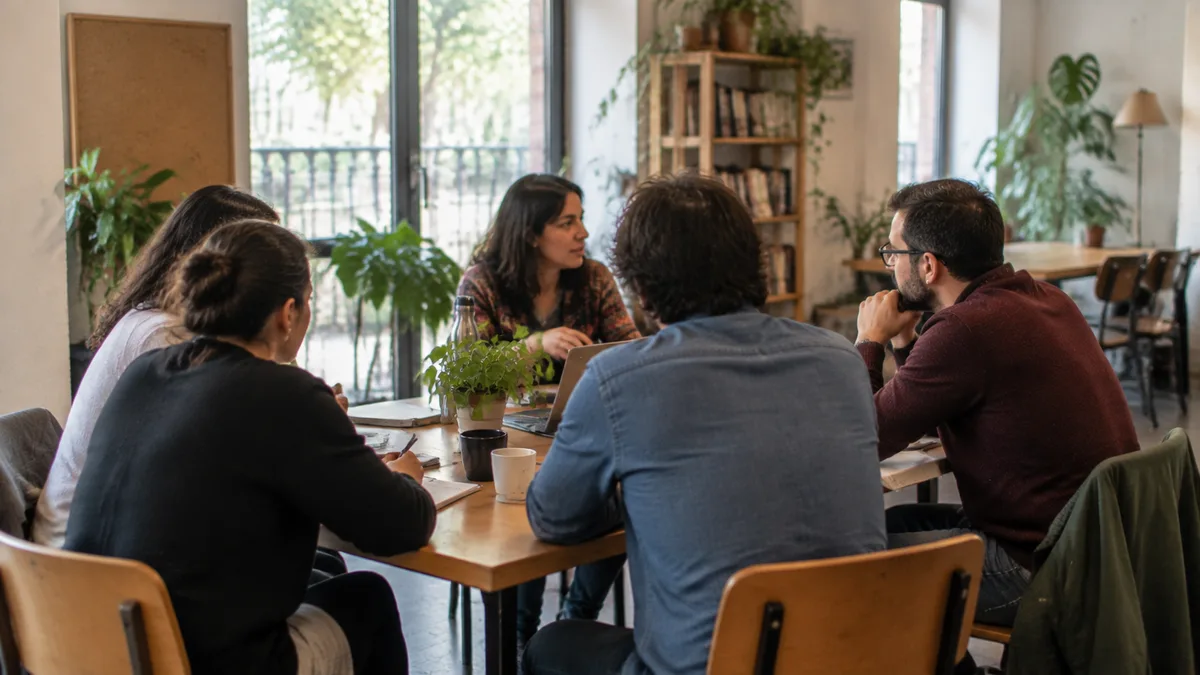 Asamblea de una asociación reunida alrededor de una mesa
