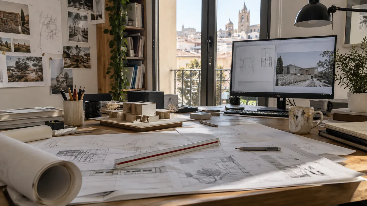 Mesa de un estudio de arquitectura con planos desplegados y una maqueta