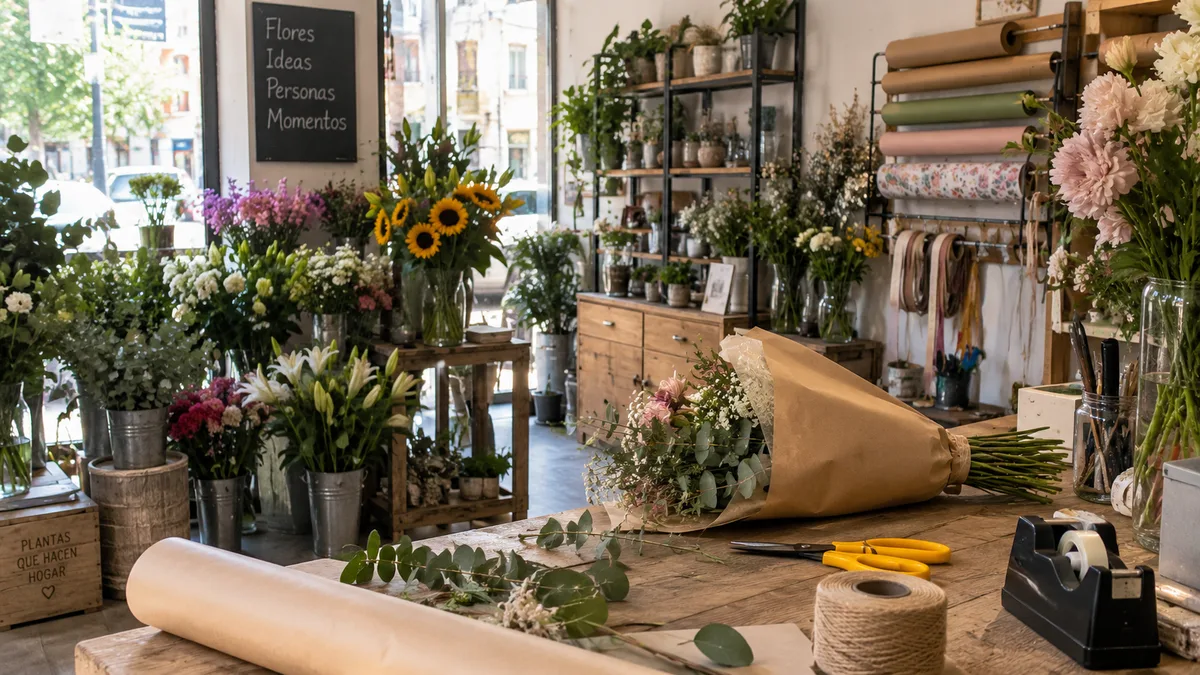 Interior de una floristería con cubos de flor cortada y la mesa de trabajo