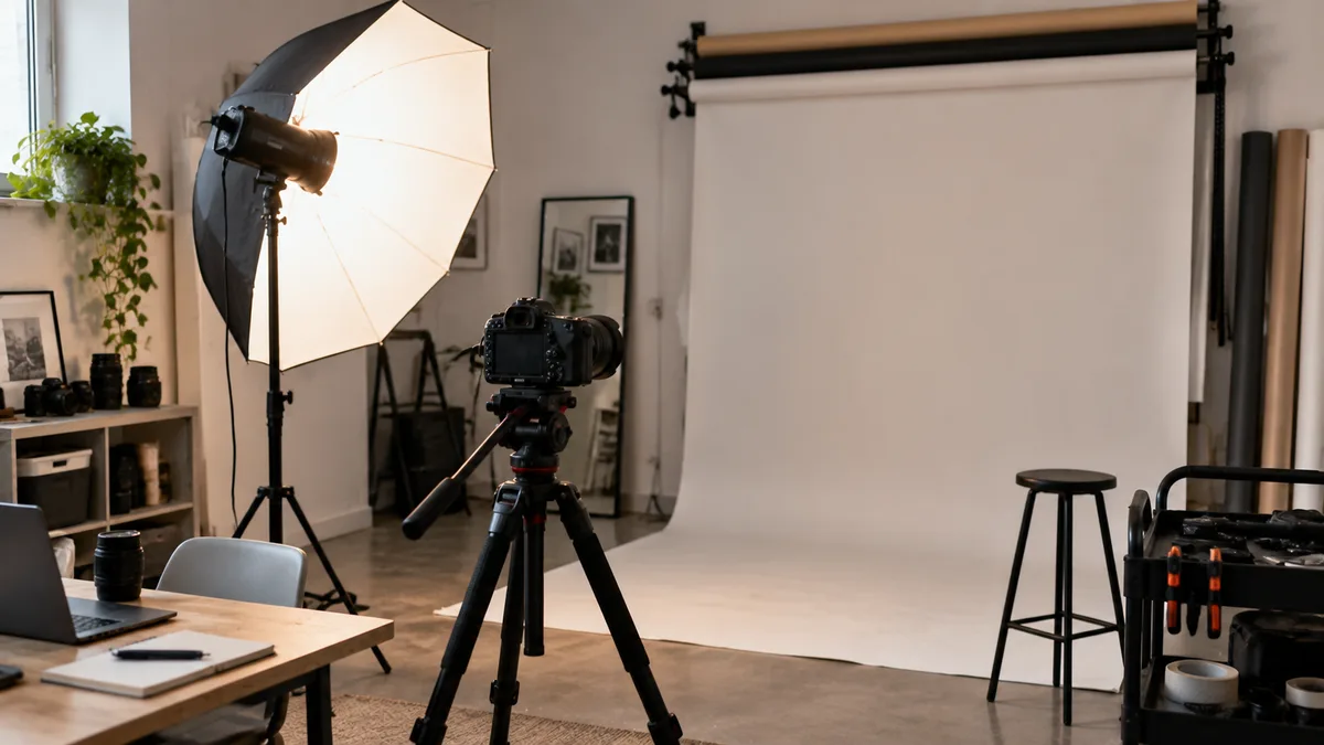 Estudio fotográfico con cámara en trípode y un foco con paraguas