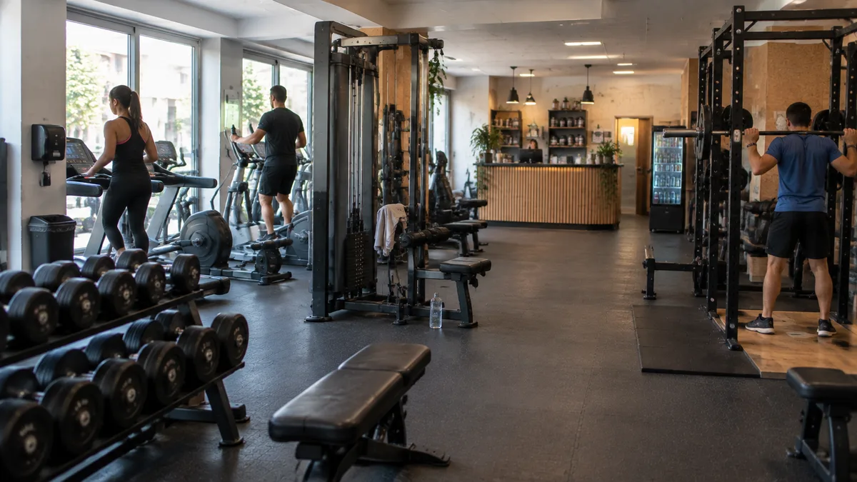 Sala de máquinas de un gimnasio de barrio con el mostrador de recepción al fondo