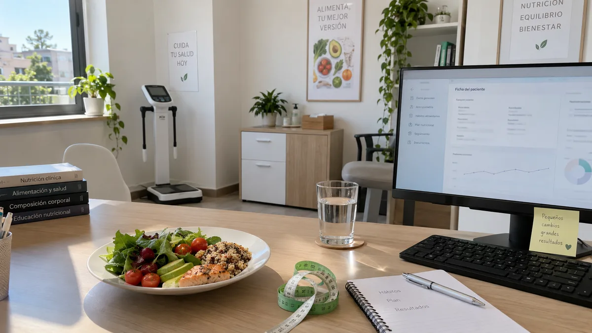 Consulta de nutrición con báscula de bioimpedancia y la ficha del paciente en pantalla