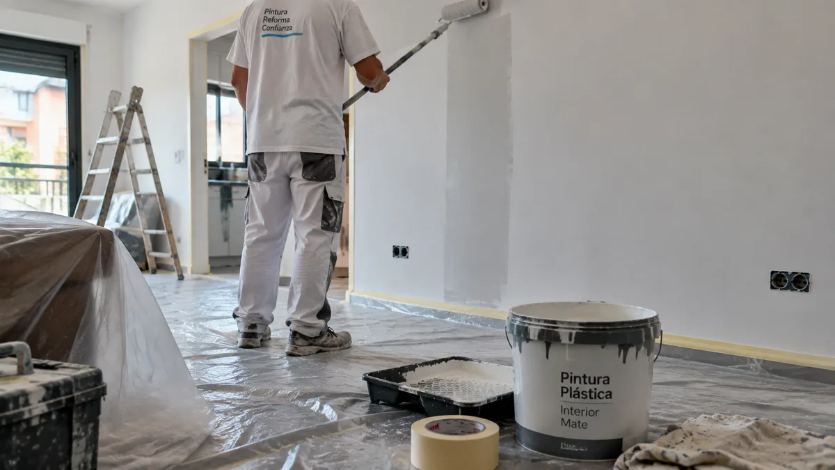 Pintor aplicando la segunda mano de pintura en el salón de una vivienda