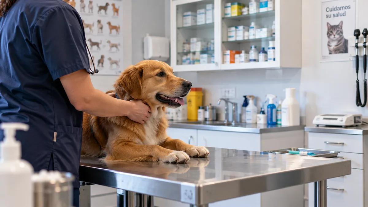 Mesa de exploración de una clínica veterinaria con un perro siendo atendido